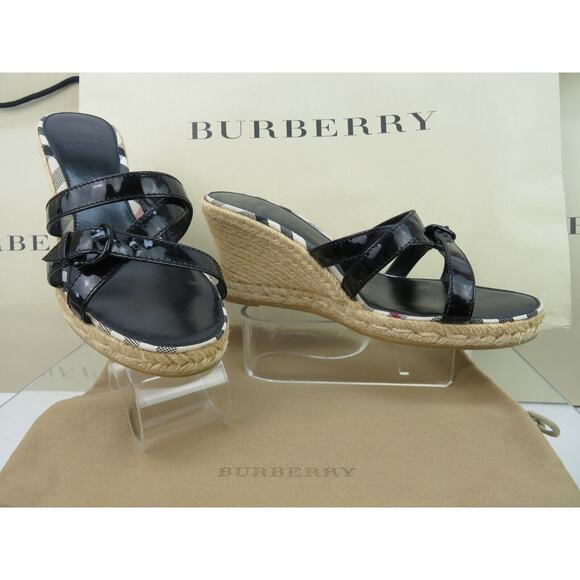 BURBERRY BLACK PATENT LEATHER CHECK LOGO SLIDE JUTE ESPADRILLE SANDALS 40 10 - Picture 7 of 14